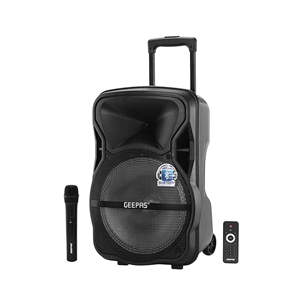 مكبر صوت محمول وقابل لإعادة الشحن من جيباس مع ضوء ديسكو LED، بلوتوث، USB/SD/FM، ميكروفون لاسلكي، وتحكم عن بُعد