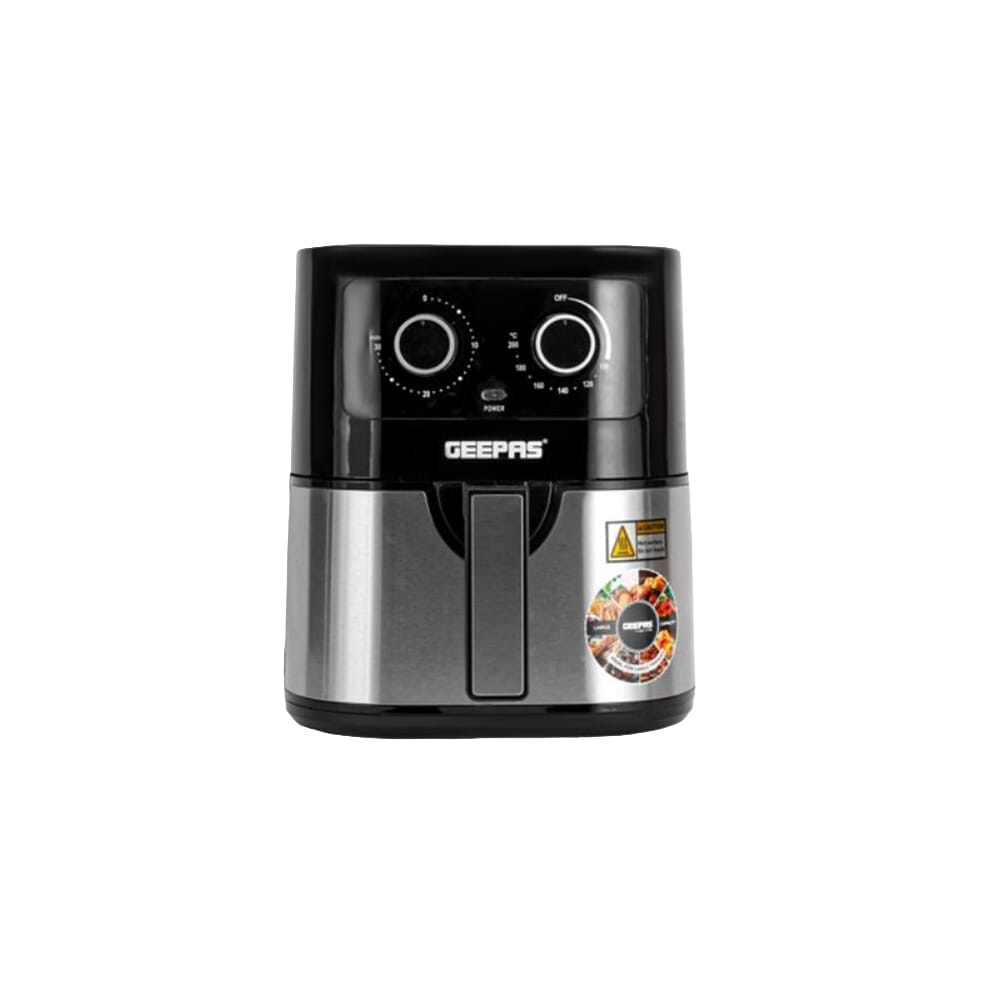 مقلاة هوائية ميكانيكية من جيباس بتقنية القلي بالهواء الدوّار، مع ضبط الوقت ودرجة الحرارة، سعة 4.5 لتر، قوة 1600 واط، أسود/فضي