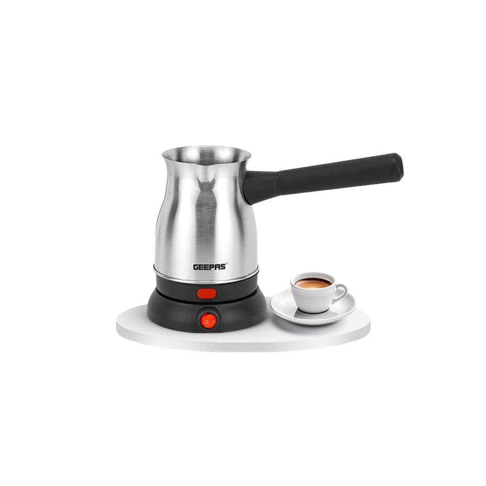 قهوة تركية كهربائية جيباس 0.8 لتر، فولاذ مقاوم للصدأ، قاعدة دوران 360 درجة، قطع تلقائي، 800 واط، فضي/أسود