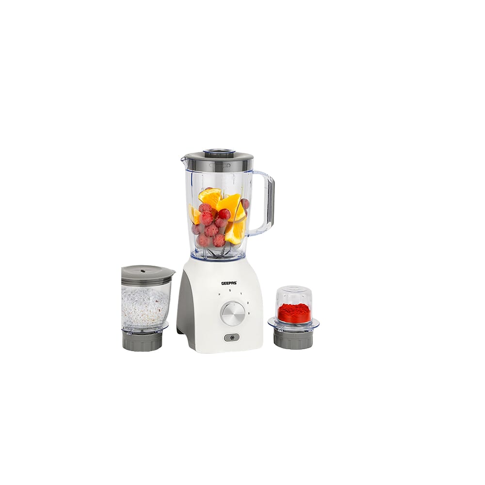 خلاط جيباس 3 في 1 بشفرات من الفولاذ المقاوم للصدأ، زر توربو لتكسير الثلج، 3 سرعات مع وظيفة النبض، حماية من الحرارة الزائدة، محرك قوي 1.8 لتر