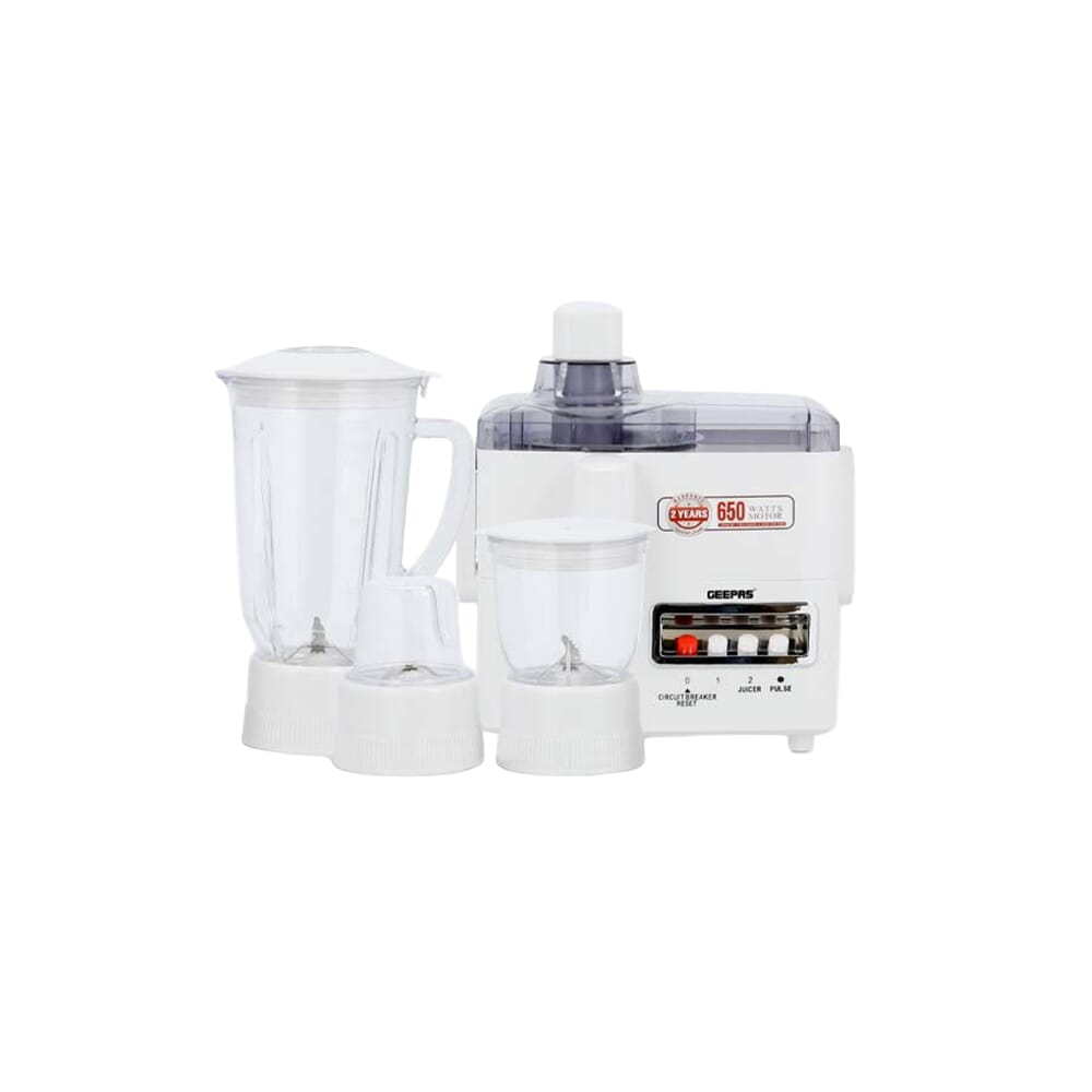 مفرمة وعصارة وخلاط جيباس 4 في 1 بوعاء بلاستيكي وشفرات من الفولاذ المقاوم للصدأ، 650 واط، أبيض