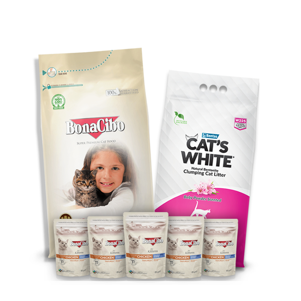 باكج للقطط الصغيرة رمل كاتس وايت 5لتر+ بوناسيبوكتن 1.5 كيلو + عدد5 اظرف بوناسيبوكتن 85 جرام