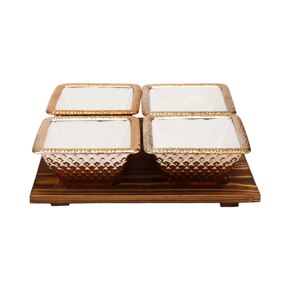 جولدن لاند طقم مطايب بورسلان مربع ذهبية مع حامل تقديم من خشب الخيزران - 5 قطع أبيض