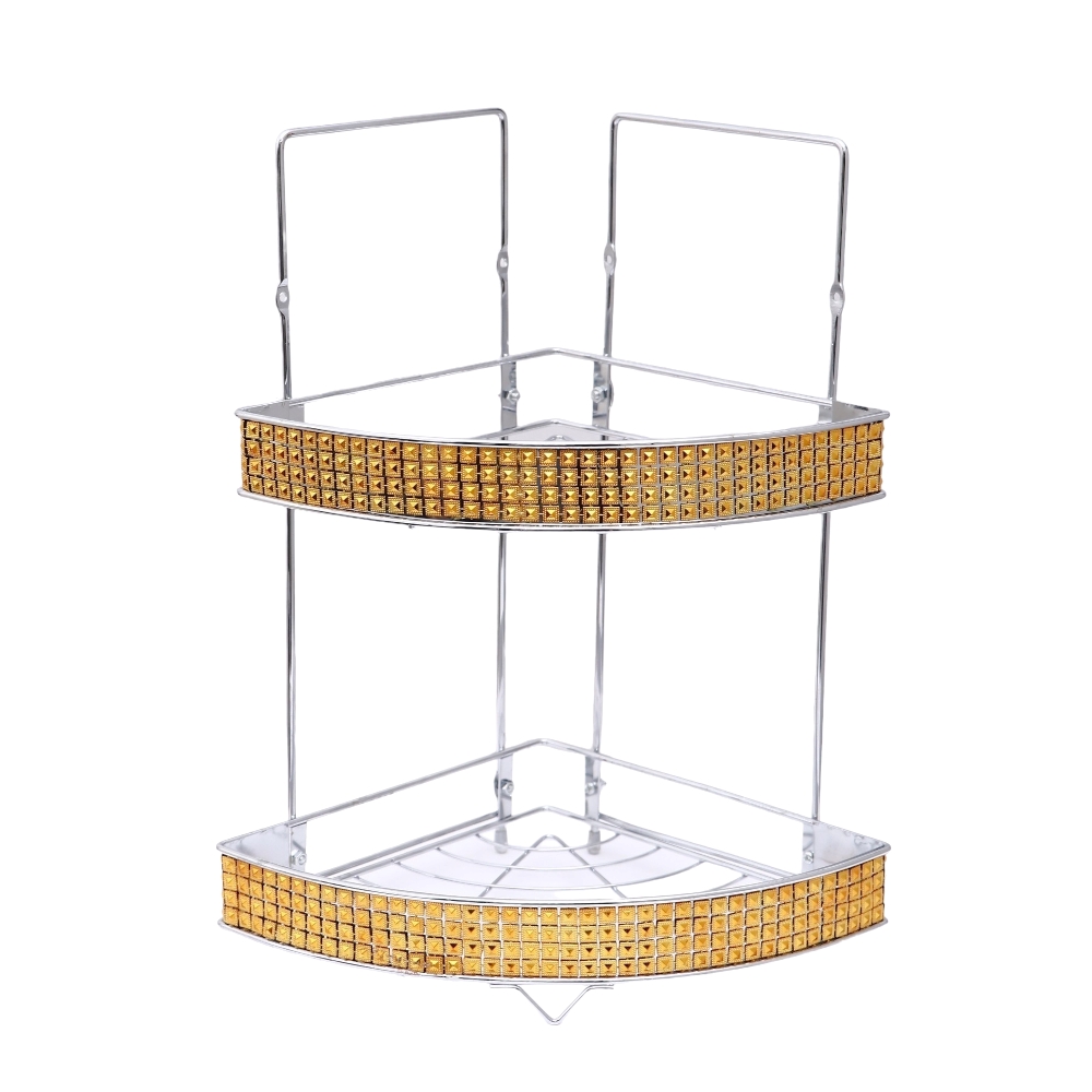 رف حمام شكل زاوية بطابقين مصنوع من الاستيل - ذهبي