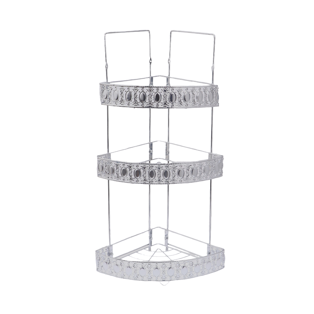 رف حمام شكل زاوية بثلاثة اطباق مصنوع من الاستيل - فضي