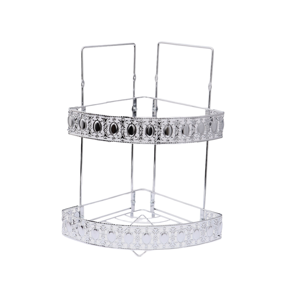 رف حمام شكل زاوية بطابقين مصنوع من الاستيل - فضيي