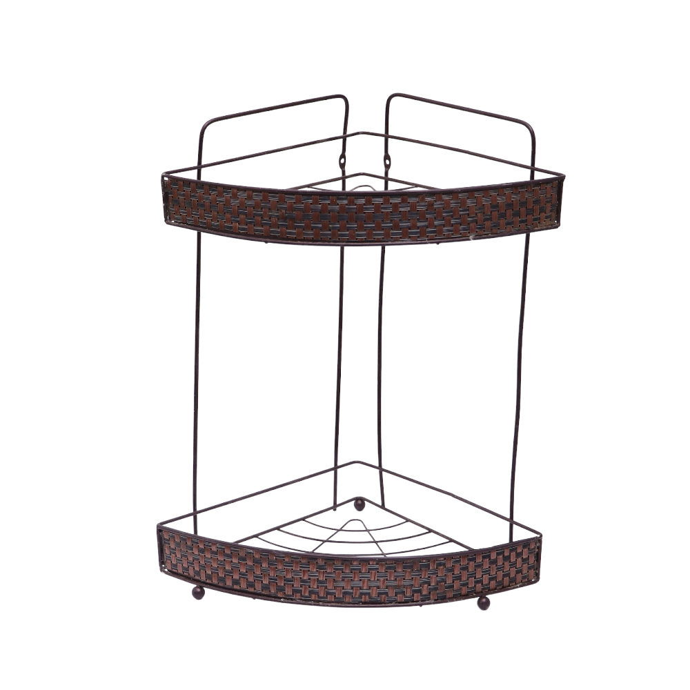 رف حمام شكل زاوية بطابقين مصنوع من الاستيل - بني