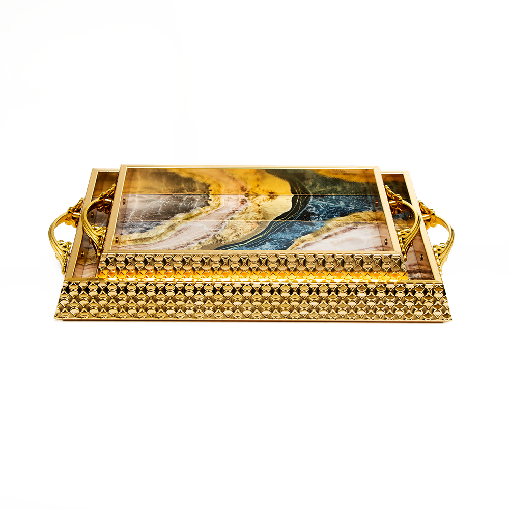 طقم صحون تقديم مزخرف بقاعدة خشبية - قطعتين