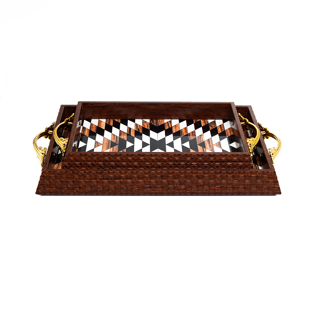 طقم صحون تقديم مزخرف بقاعدة خشبية - قطعتين