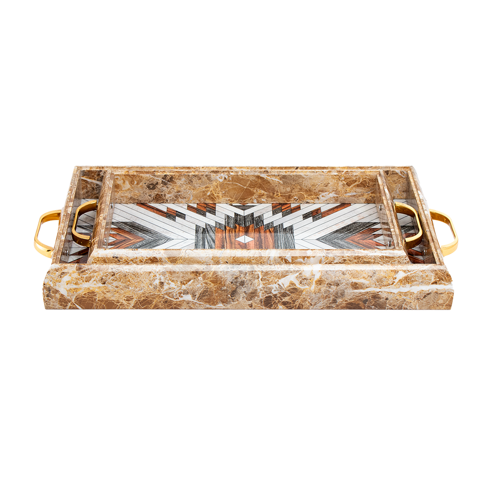 طقم صحون تقديم رخام مزخرف بقاعدة خشبية - قطعتين