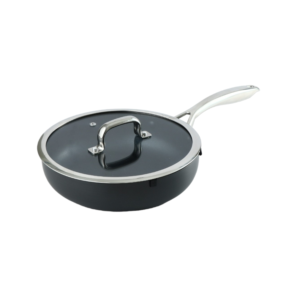 داني هوم مقلاه ألومنيوم بغطاء زجاج حراري و مقبض استيل أسود - 24 سم