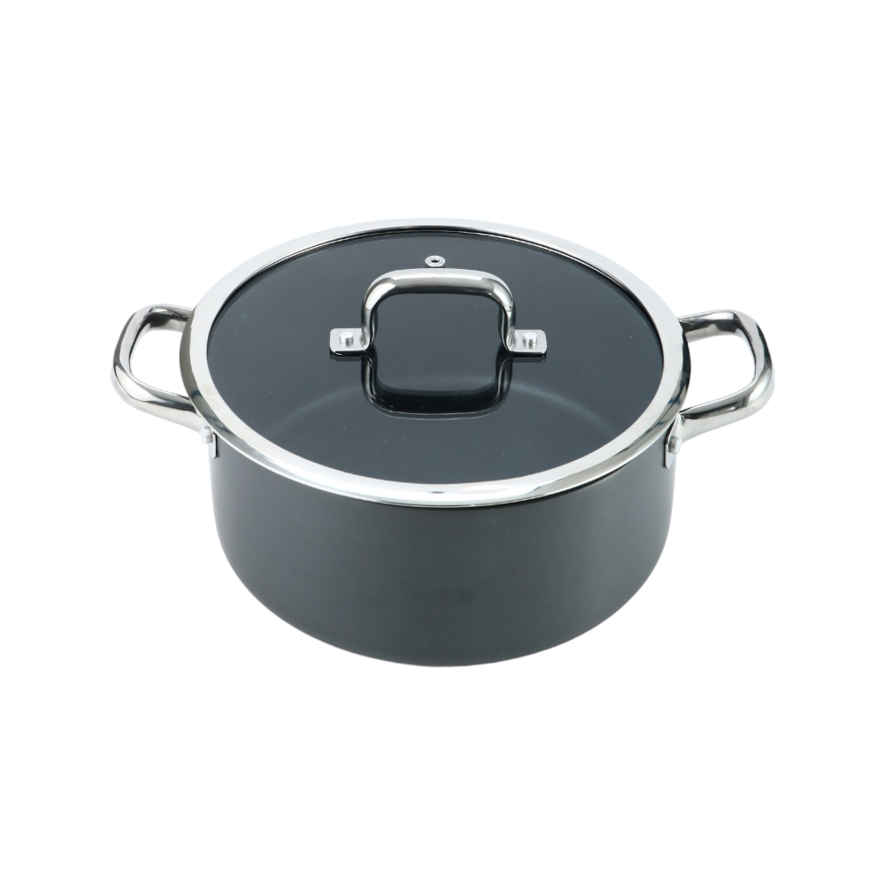 داني هوم قدر طهي ألومنيوم عميق بغطاء زجاج حراري و مقابض استيل أسود - 24 سم