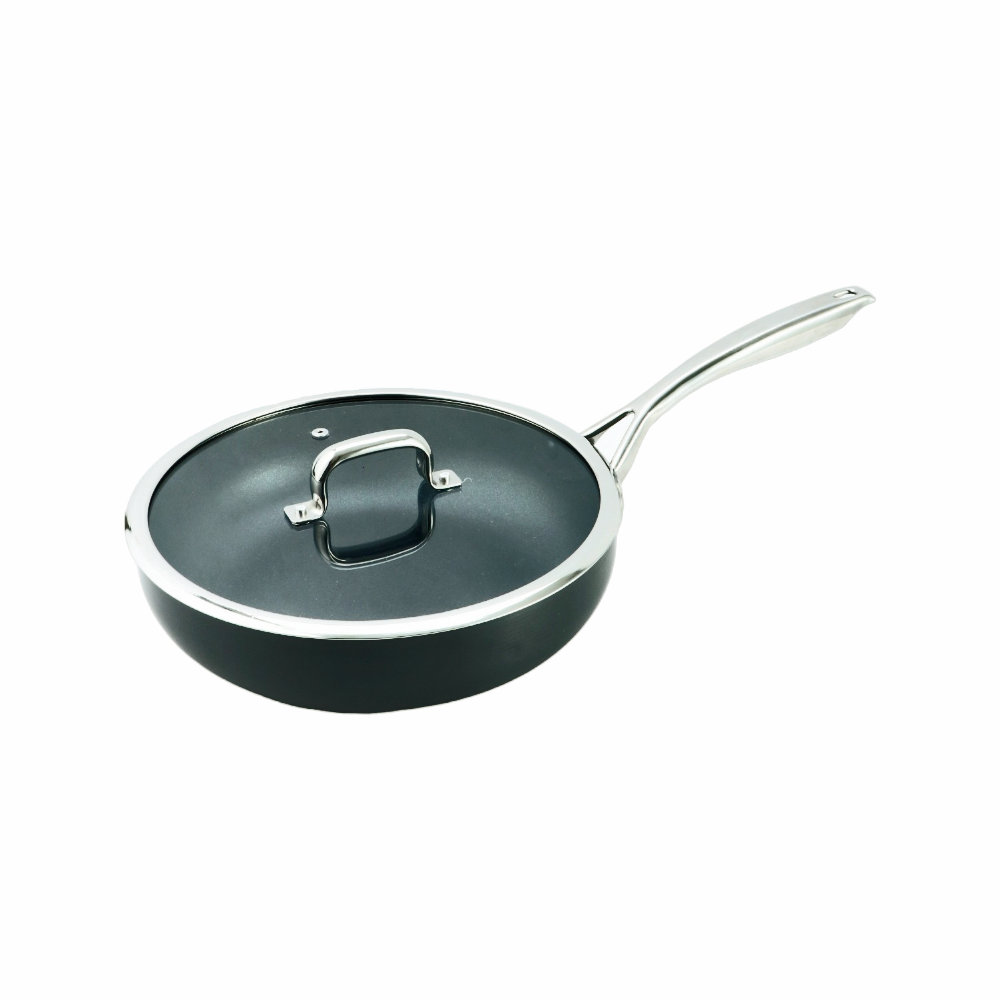 داني هوم مقلاه ألومنيوم بغطاء زجاج حراري و مقبض استيل أسود - 28 سم