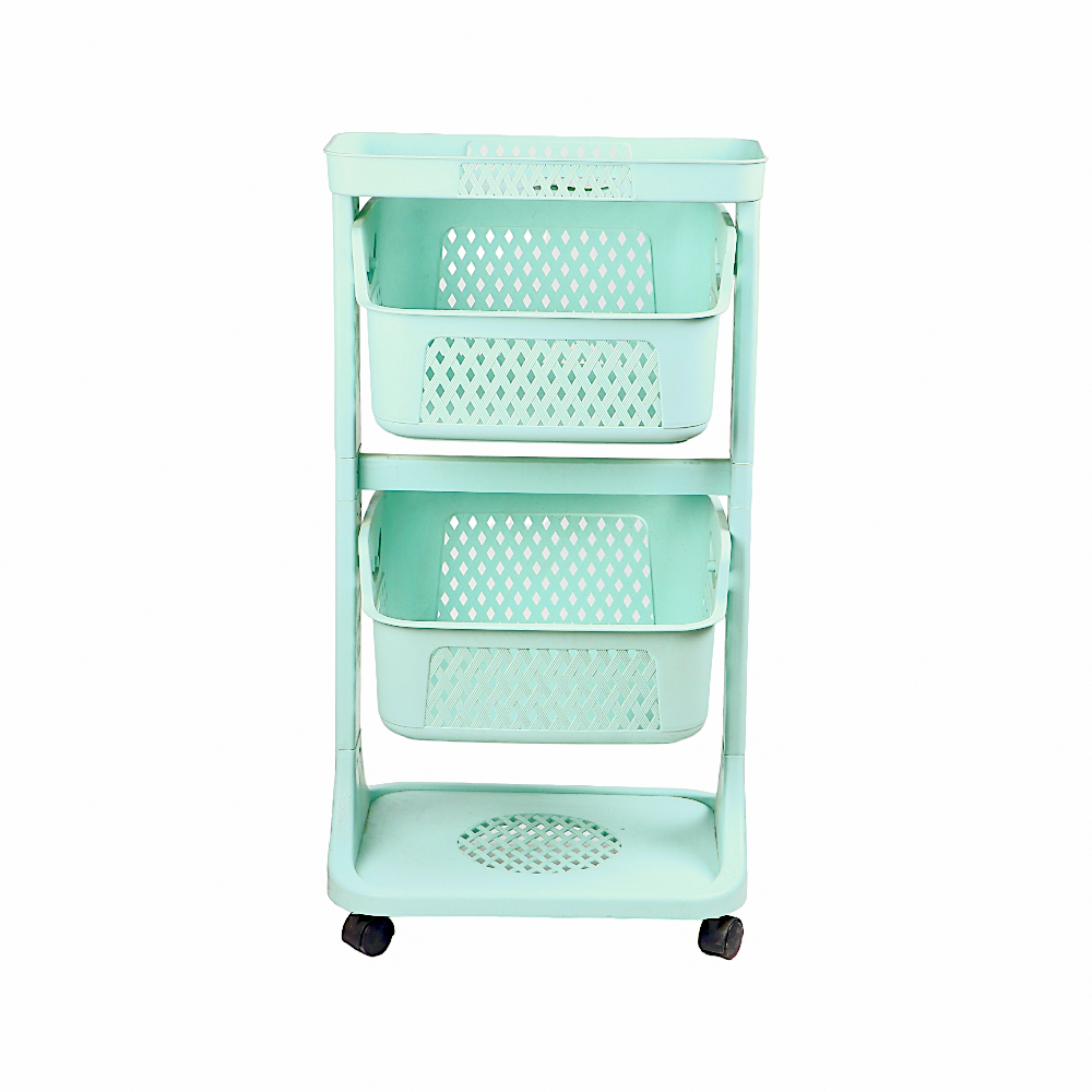 سلة مطبخ بعجلات وادراج متحركة مصنوعة من البلاستيك 2 رفوف - أخضر