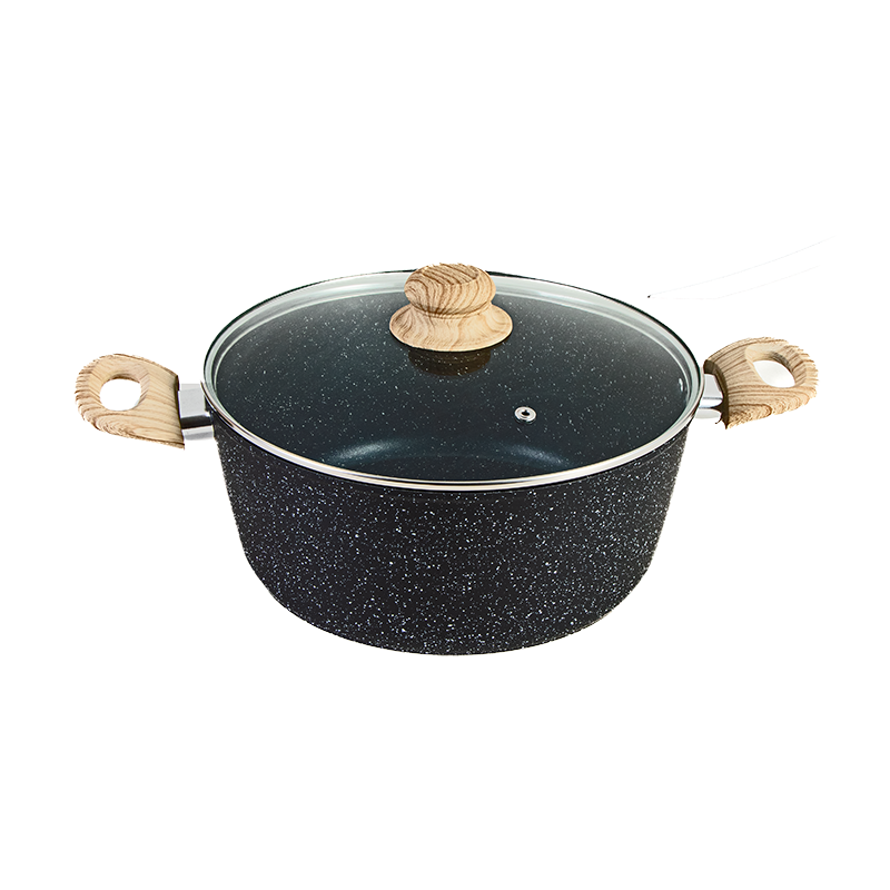 قدر جرانيت اسود بغطاء زجاجي ومسكات خشبية 26 سم - أسود