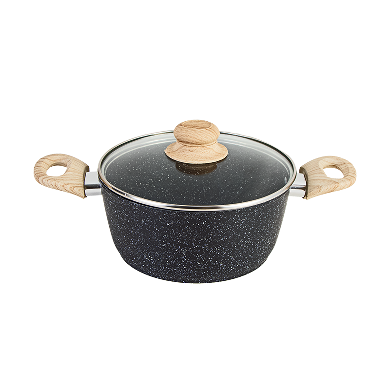 قدر جرانيت اسود بغطاء زجاجي ومسكات خشبية 20 سم - أسود