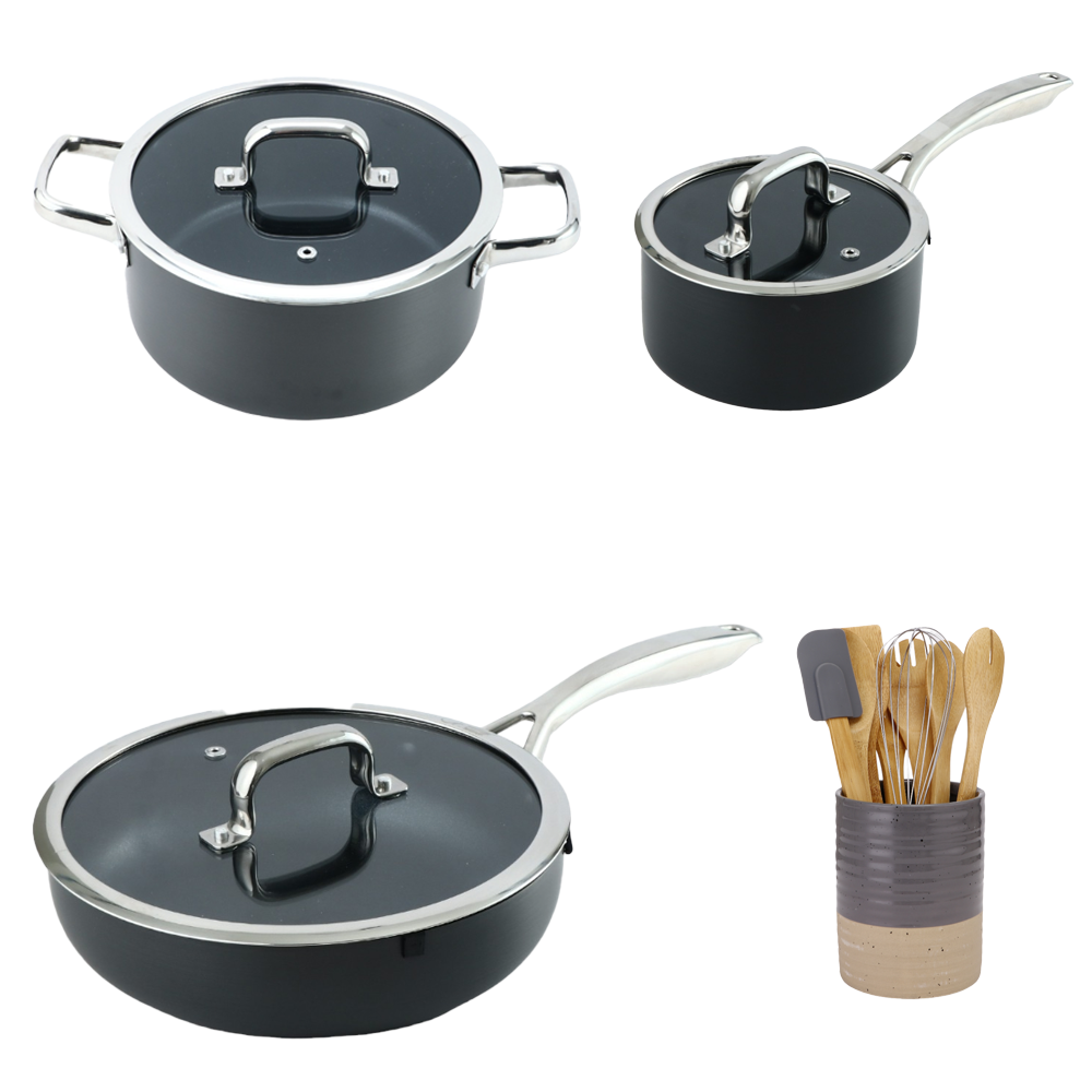باكج داني هوم قدر طهي 22 سم +مقلاه ألومنيوم 16 سم + مقلاه ألومنيوم 24 سم +طقم ملاعق تحريك طعام خشبية مع حامل سيراميك 8 قطع