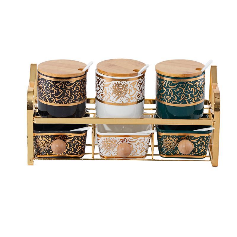 طقم علب بهارات مزخرفة من 3 قطع دائرية و 3 قطع مربعة