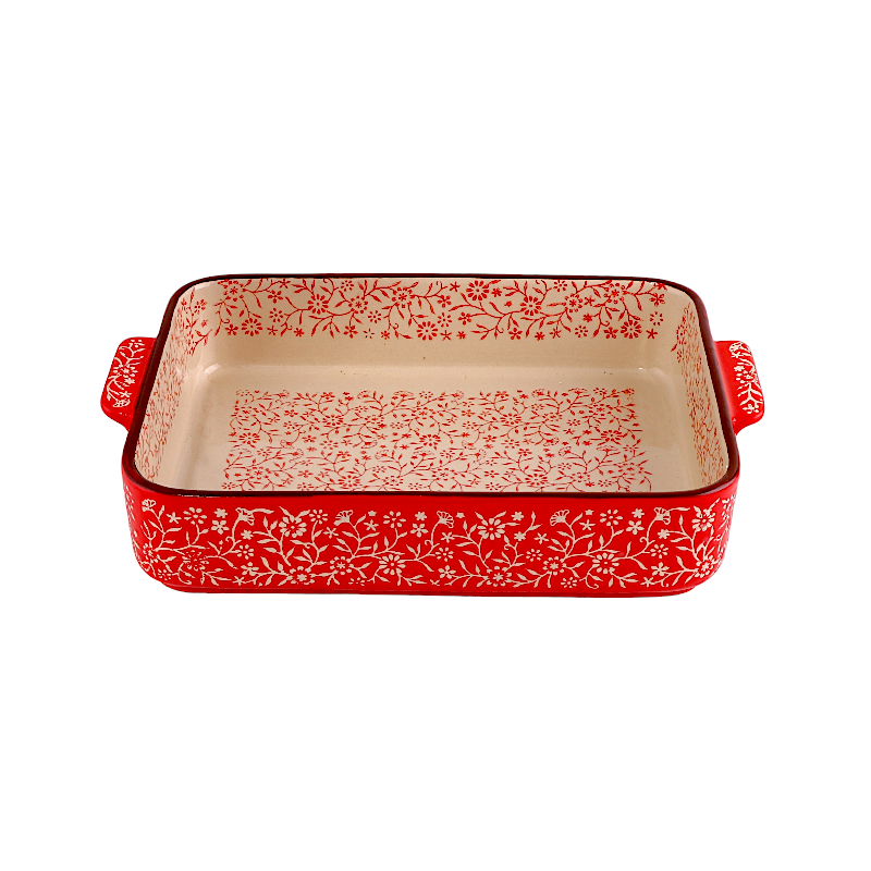 طبق بورسلان مزخرف بمقابض جانبية - أحمر