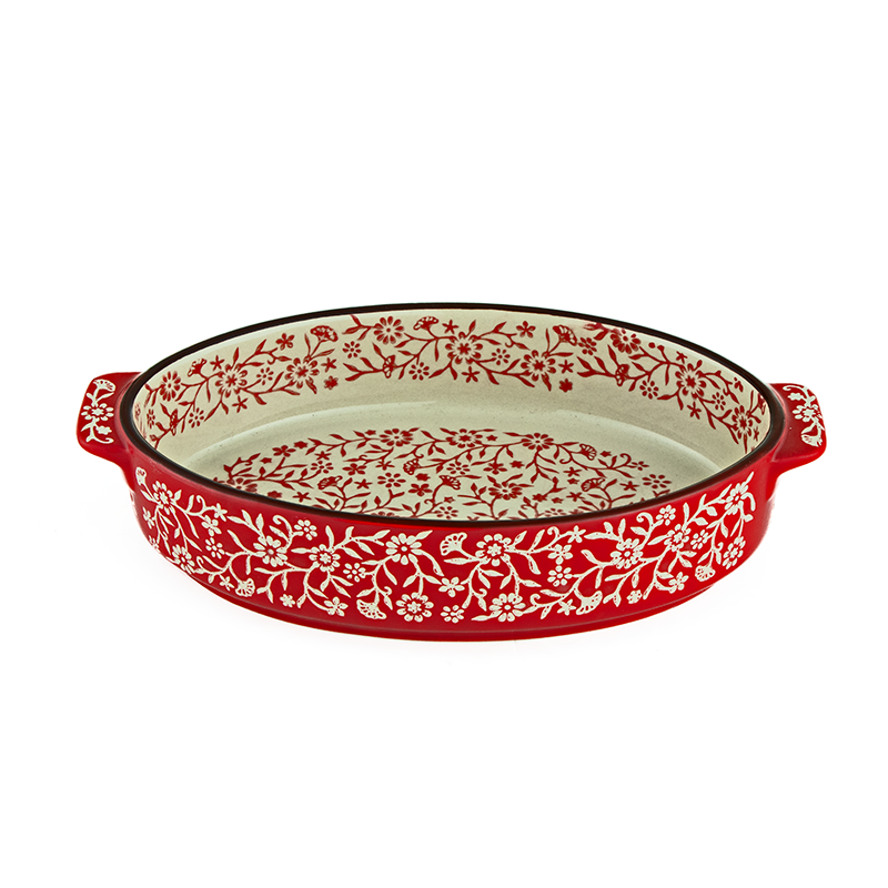 داني هوم صحن بورسلان بيضاوي بمقبضين جانبيين - أحمر مزخرف