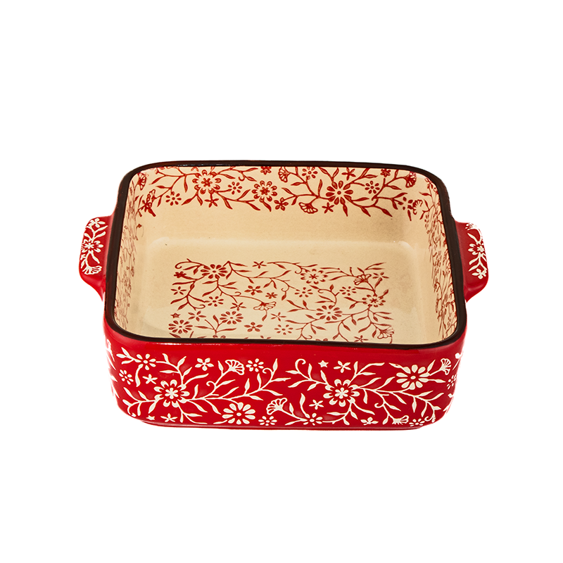 داني هوم صحن بورسلان مزخرف مربع بمقبضين جانبيين - أحمر