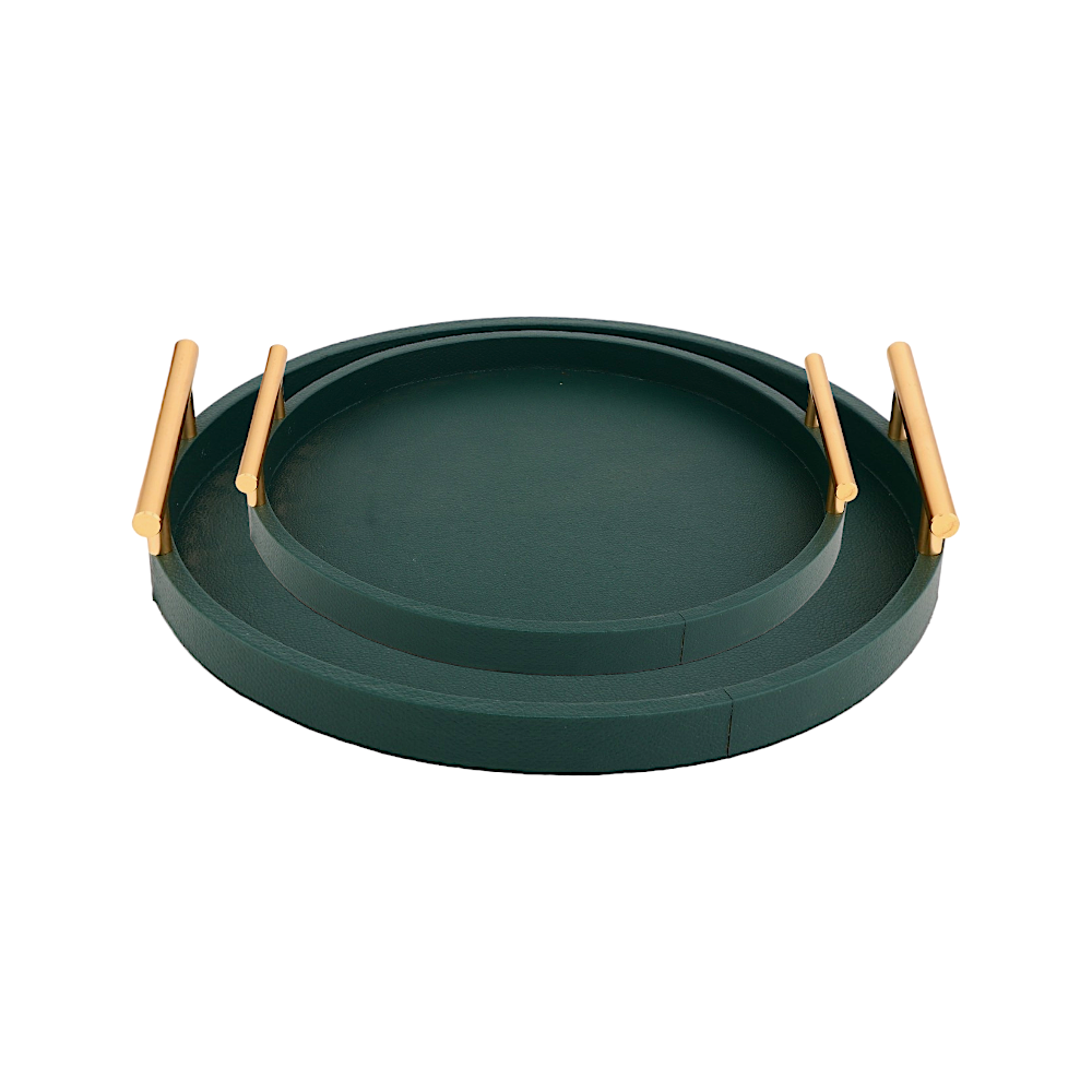 طقم قطعتين صحون تقديم دائرية بمسكة ذهبي وتلبيسة جلد-اخضر