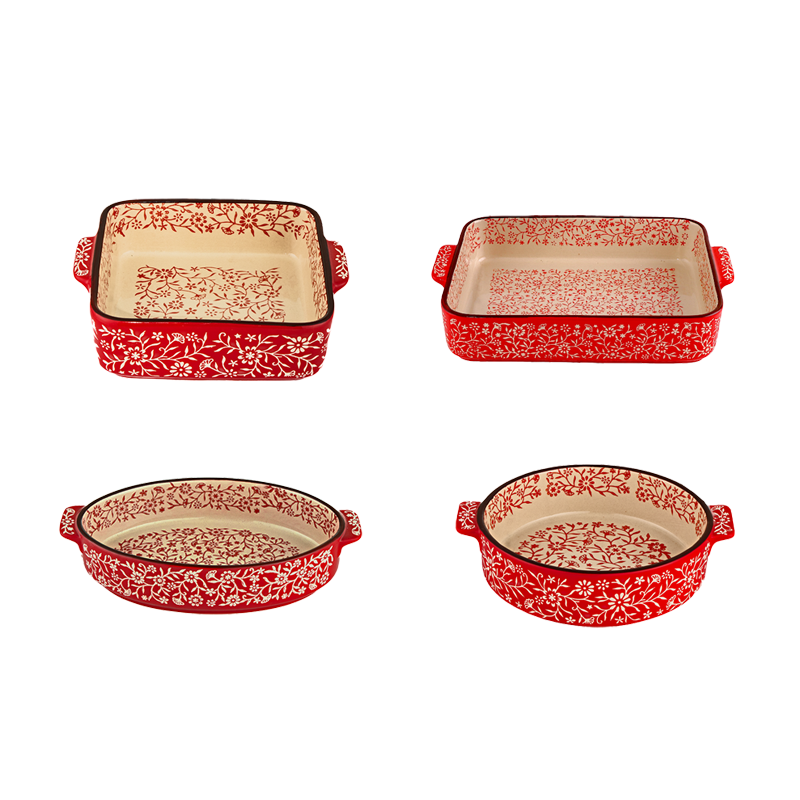 داني هوم طقم صحون بورسلان مزخرفة متينة بمقابض جانبية - 4 قطع