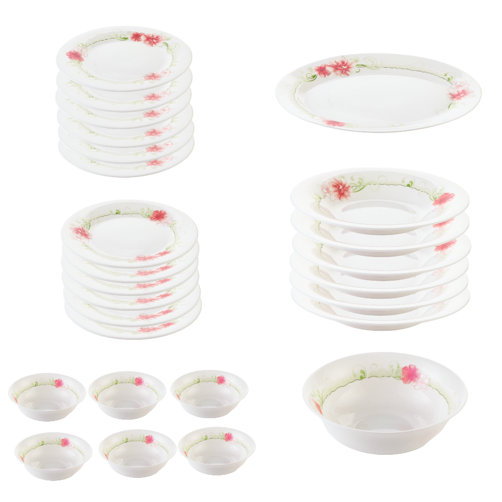 طقم عشاء سيراميك منقوش مكون من 26 قطعة - أبيض