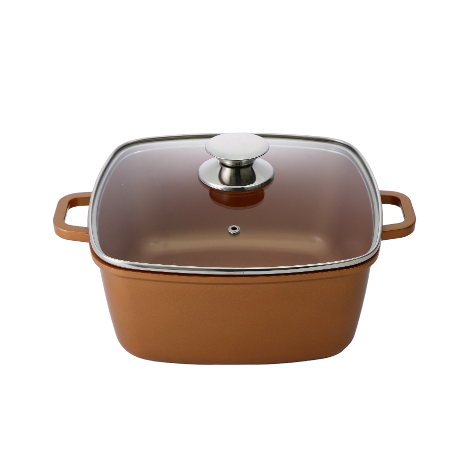 قدر طهي سيراميك مربع مع غطاء زجاج حراري و مصفاة استيل - بني