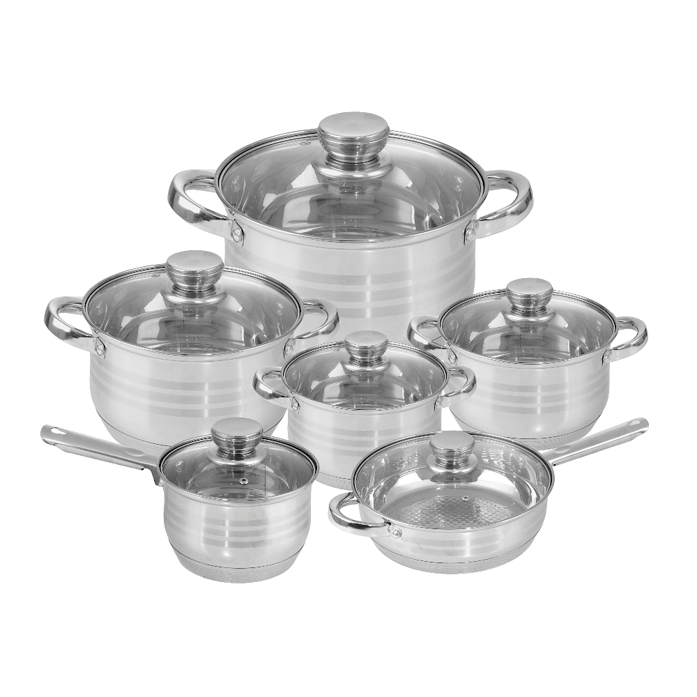 طقم قدور طبخ استيل حرارية بأغطية زجاجية فضية - 6 قطع