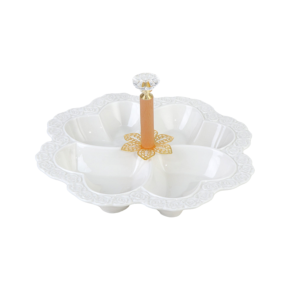 طبق تقديم حلويات ومكسرات مع شيال مقسم - أبيض