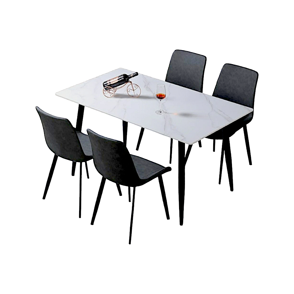 طاولة طعام مستطيلة بسطح رخامي و 4 كراسي جلد - أبيض
