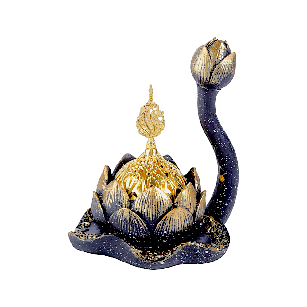 مبخرة جص منقوشة بتصميم نبتة مع غطاء ذهبي مزخرف - أسود