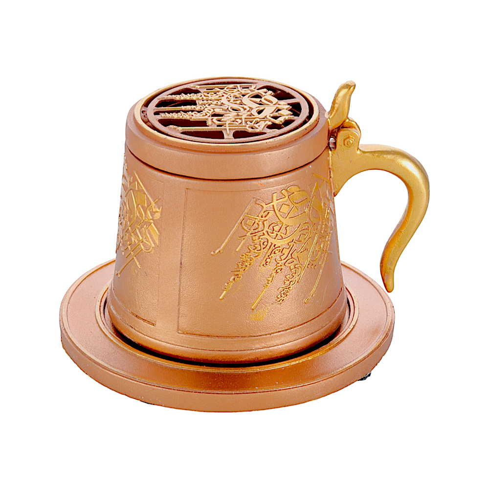 مبخرة جص على شكل كوب منقوش مع غطاء مقاس 16*16 سم - بني