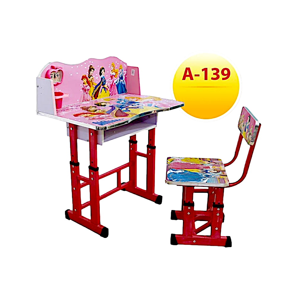مكتب دراسي للأطفال يتكون من طاولة وكرسي بطباعة الأميرات موديل A-139 - وردي