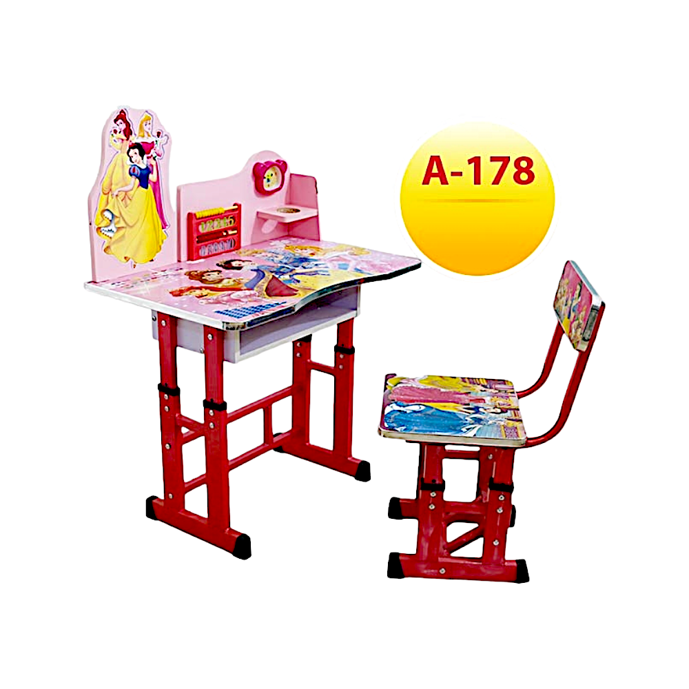 مكتب دراسي للأطفال يتكون من طاولة وكرسي بطباعة الأميرات موديل A-178 - وردي فاتح 