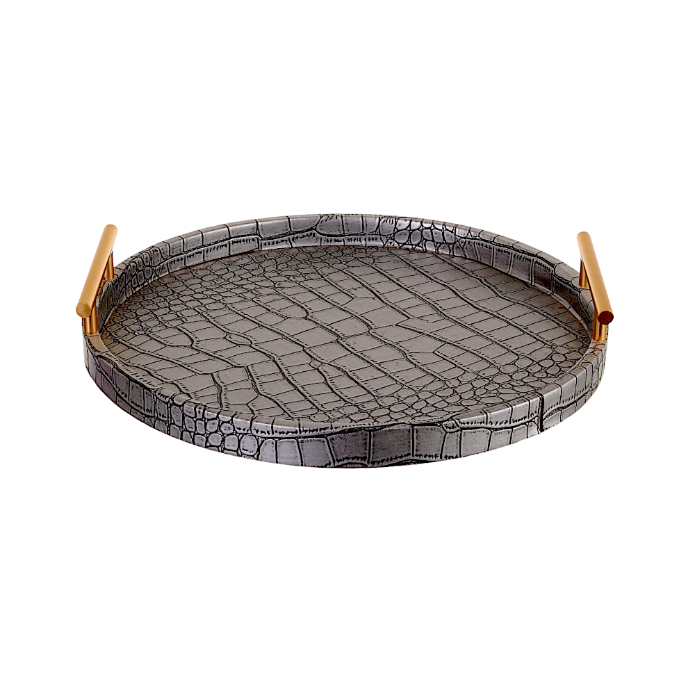 صحن تقديم تلبيسة جلدية بشكل دائري وأبعاد 25*10 سم - رمادي