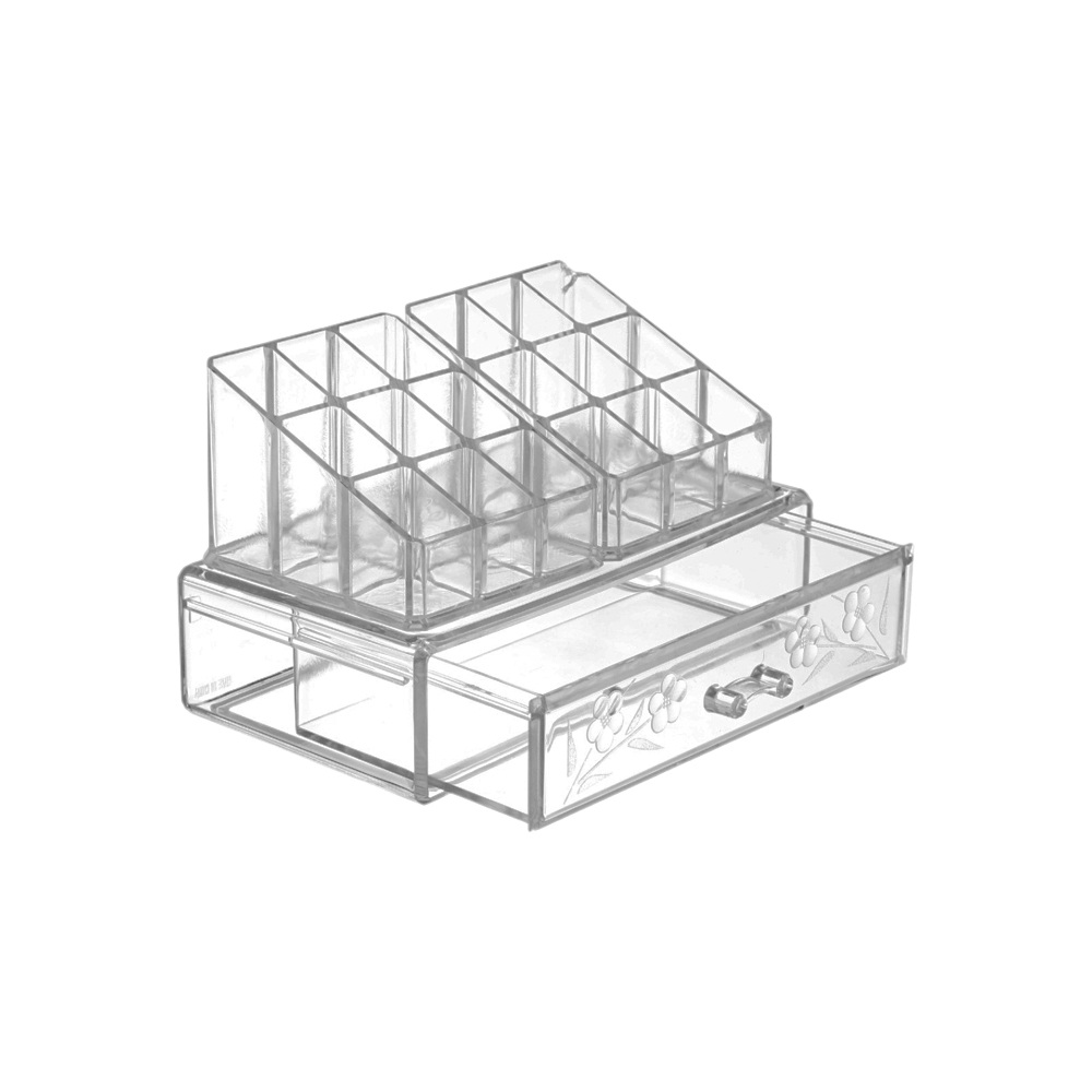 صندوق منظم مكياج زجاجي شفاف ب18 خانة مع درج سحاب
