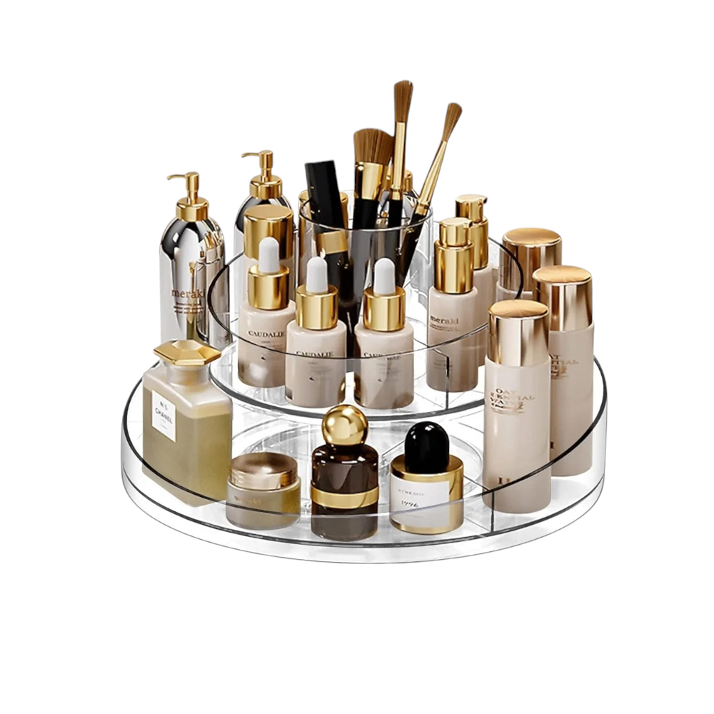 صندوق منظم مكياج إكريليك دائري شفاف - طابقين