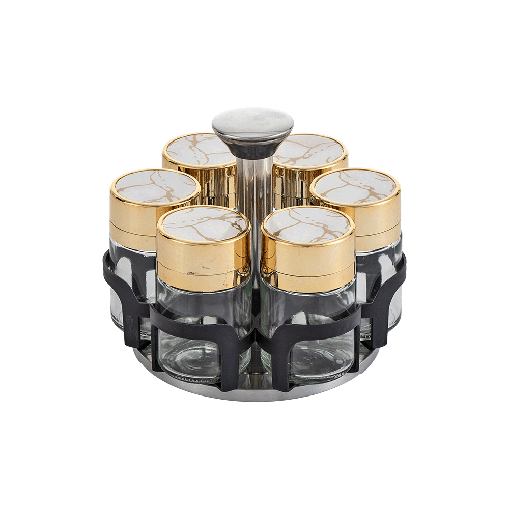 حامل علب بهارات ألومنيوم  دوار مع 6 علب  زجاجية  