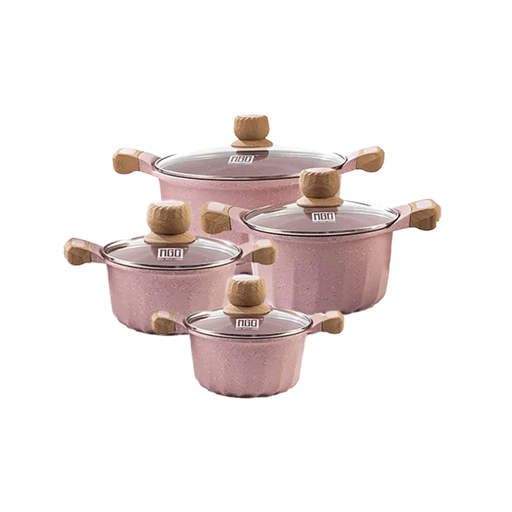 إم جي سي طقم قدور طهي ألومنيوم بأغطية زجاج حرارية و مقابض خشبية - 4 قطع