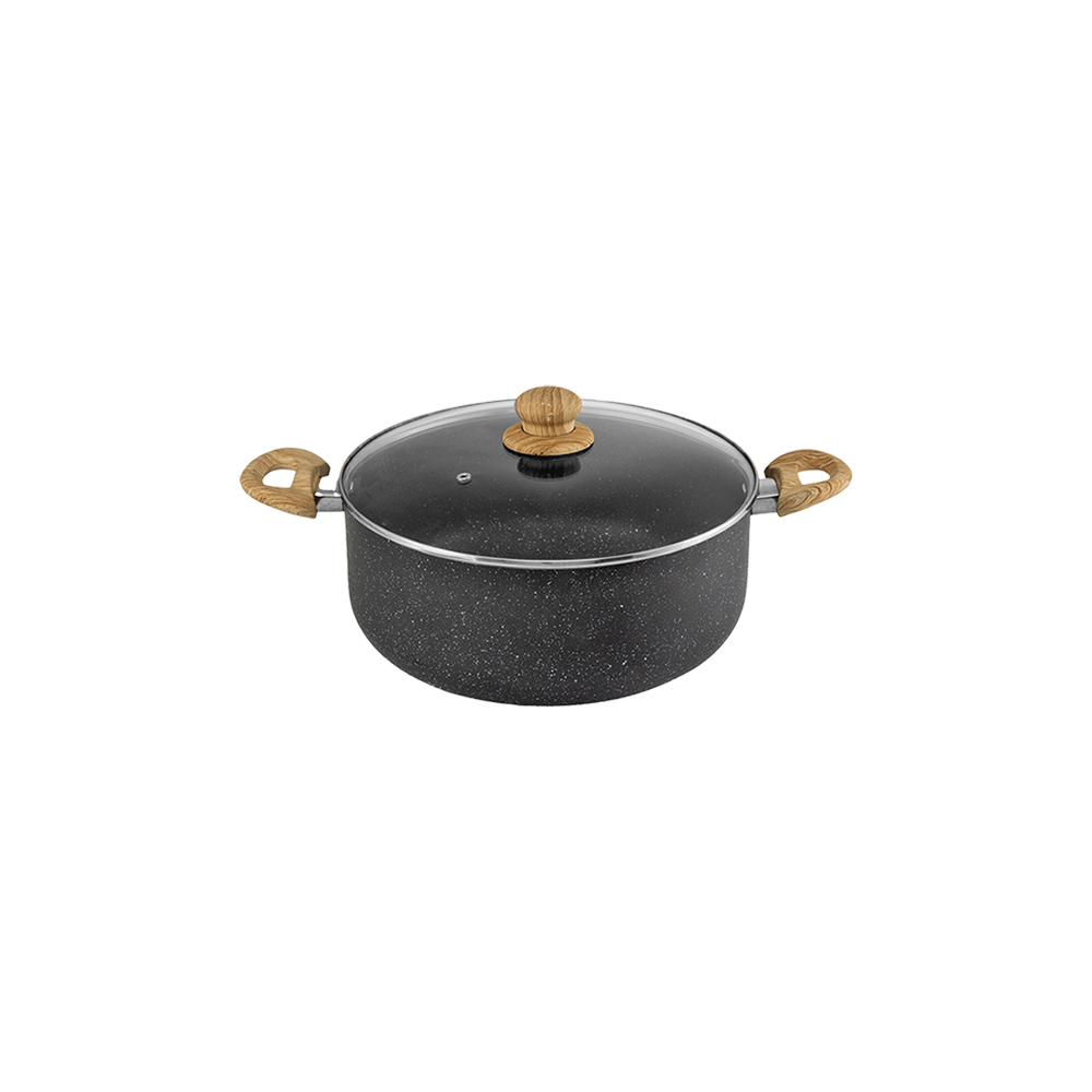 البدر قدر طهي جرانيت دائري بمقابض خشبية و غطاء زجاج حراري - 20 سم