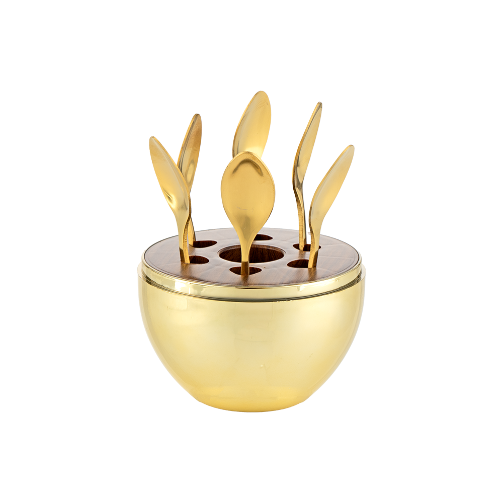 ستاند ملاعق دائري مع 6 ملاعق استانس استيل -  ذهبي 