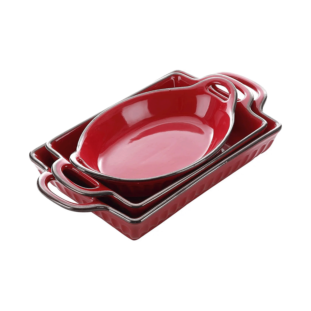طقم أطباق فرن بورسلان بمقابض 3 قطع - أحمر