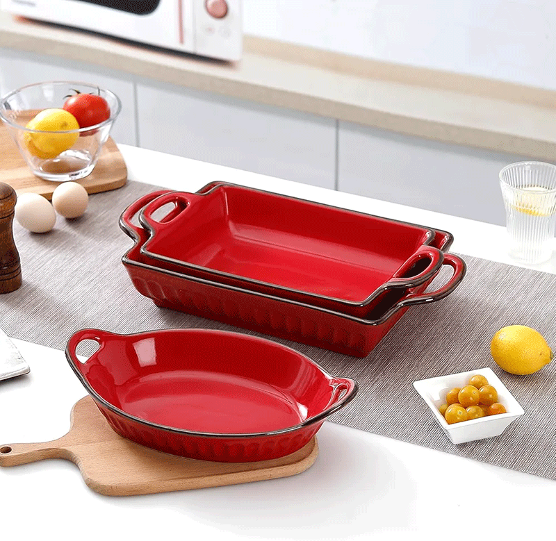 طقم أطباق فرن بورسلان بمقابض 3 قطع - أحمر