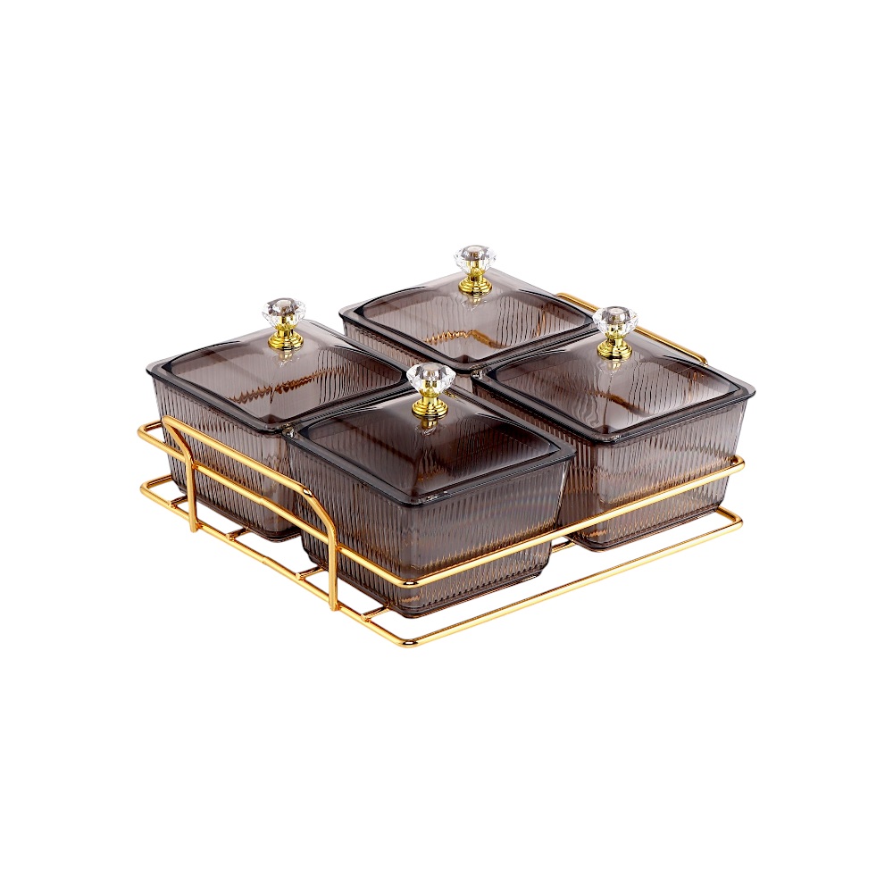 طقم علب تقديم زجاجية فاخرة مع حامل ذهبي - 4 قطع