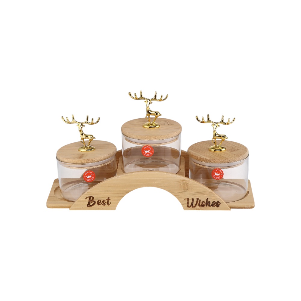 طقم علب تقديم زجاجية فاخرة مع أغطية خشبية وحامل - 3 قطع