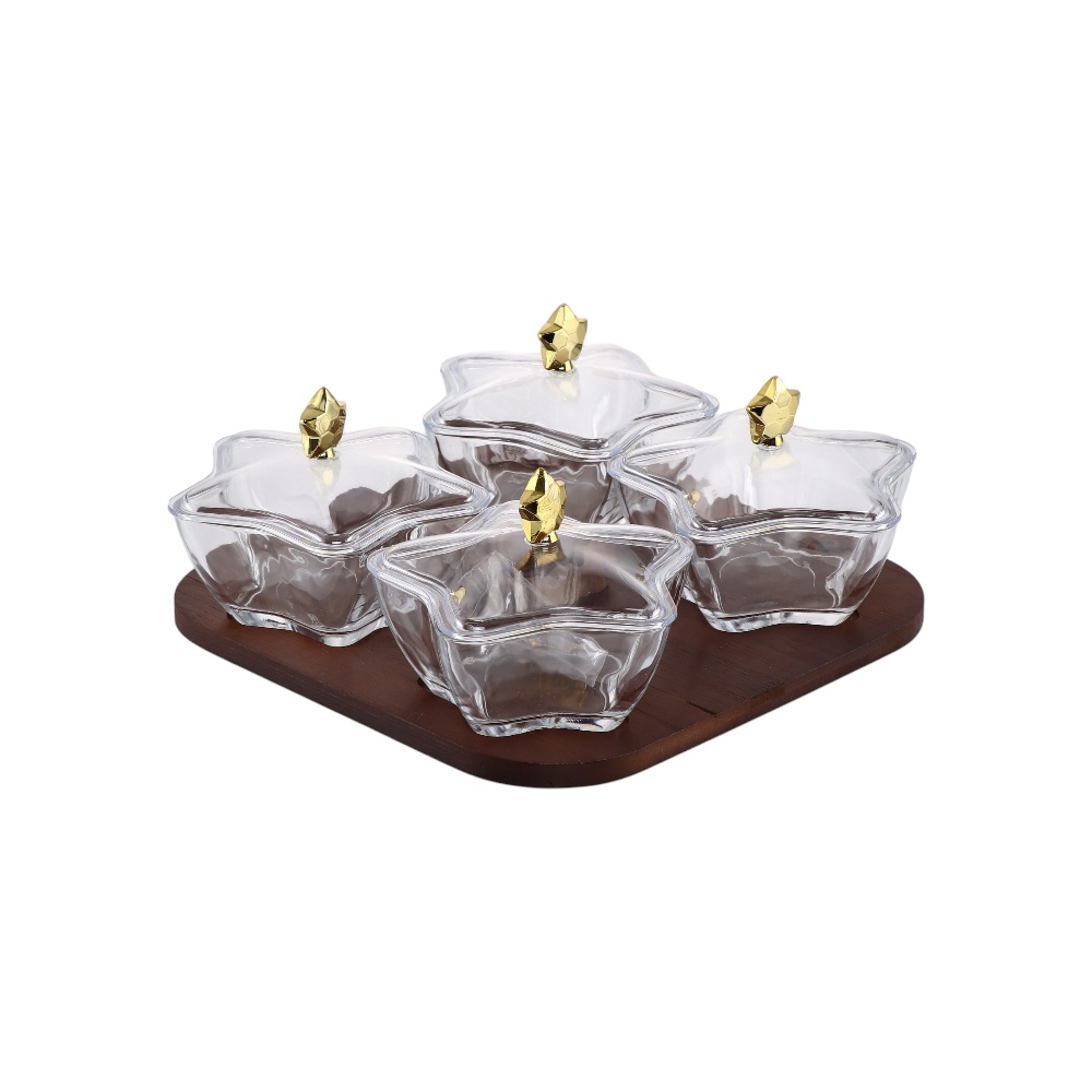 طقم علب تقديم زجاجية فاخرة مع أغطية وقاعدة خشبية بتصميم نجمة - 4 قطع