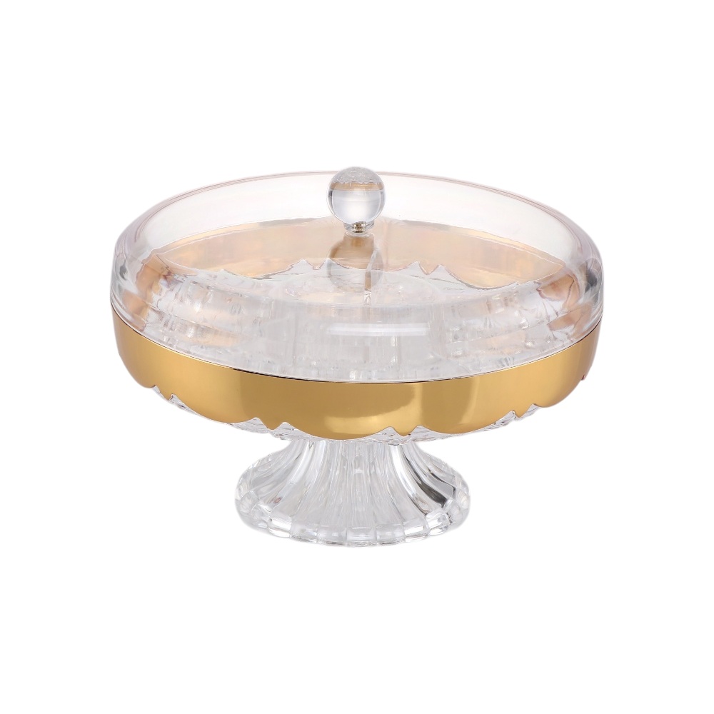 صحن تقديم زجاجي فاخر مع غطاء وقاعدة - شفاف