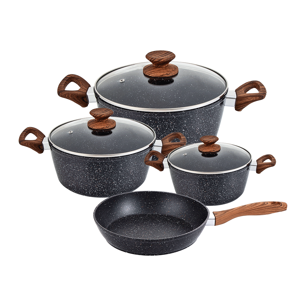 طقم قدور طهي جرانيت بمقابض خشبية أسود - 4 قطع 